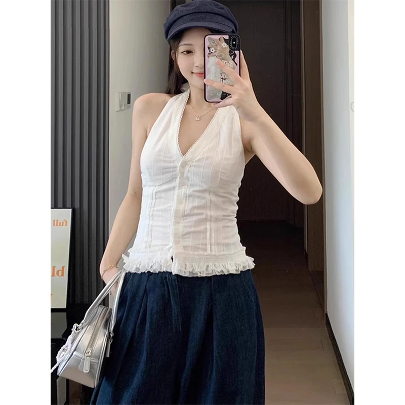 夏新款白色蕾丝花边V领挂脖吊带背心女韩系时尚收腰显瘦无袖上衣