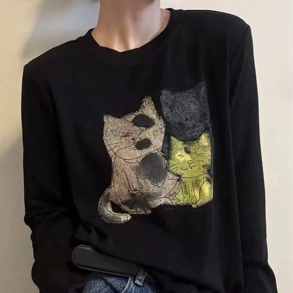 9086新款T恤黑色秋季圆领印花休闲风女女士猫长袖春季秋冬潮流