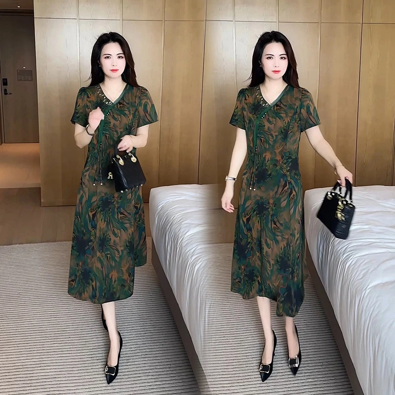 夏季新款气质减龄显瘦遮肉中长妈妈裙子时尚洋气新中式短袖连衣裙