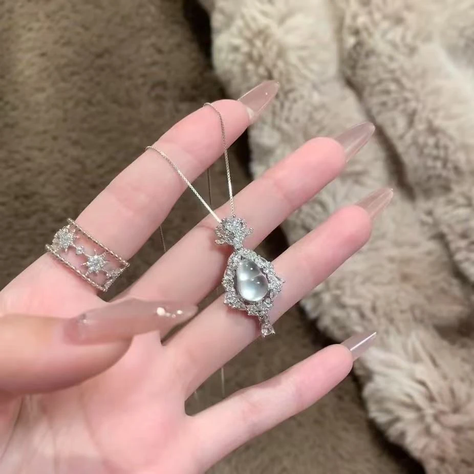 S925银水沫石小众女吊坠项链锁骨链轻奢高级气质精致七夕贵气珠宝