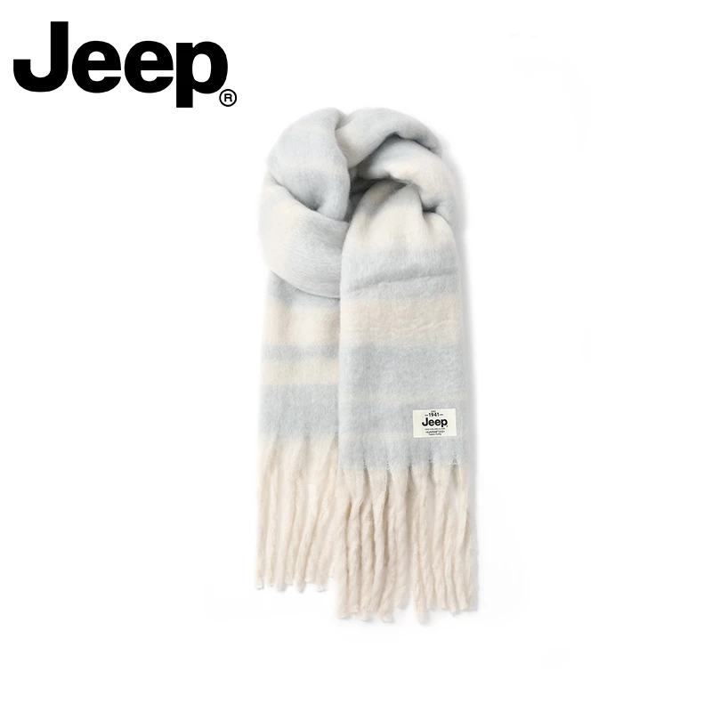 Jeep秋冬季韩版温柔拼色加厚保暖流苏格子绒线洋气围巾百搭情侣款