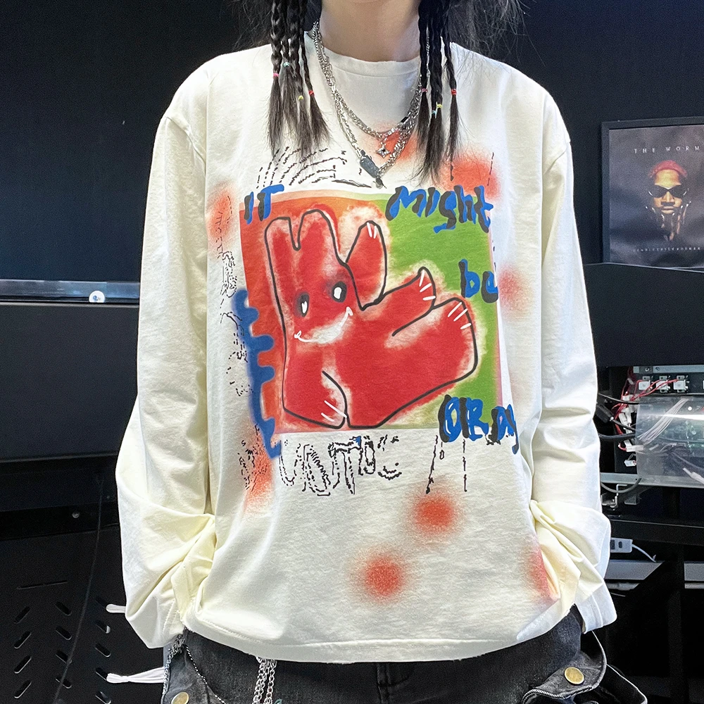 180G复古做旧脏脏长T抽象派设计感涂鸦小兔宽松叠穿