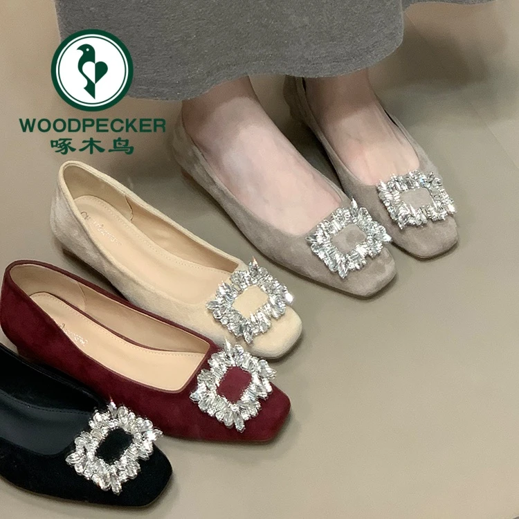 啄木鸟法式方头水钻方扣粗跟单鞋配裙子2025秋季通勤低跟鞋女
