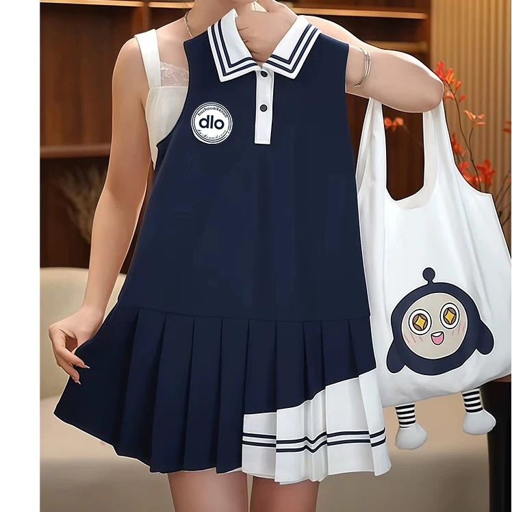 女童POLO领蝴蝶结连衣裙2025学院风百褶裙夏季运动风露背连衣裙