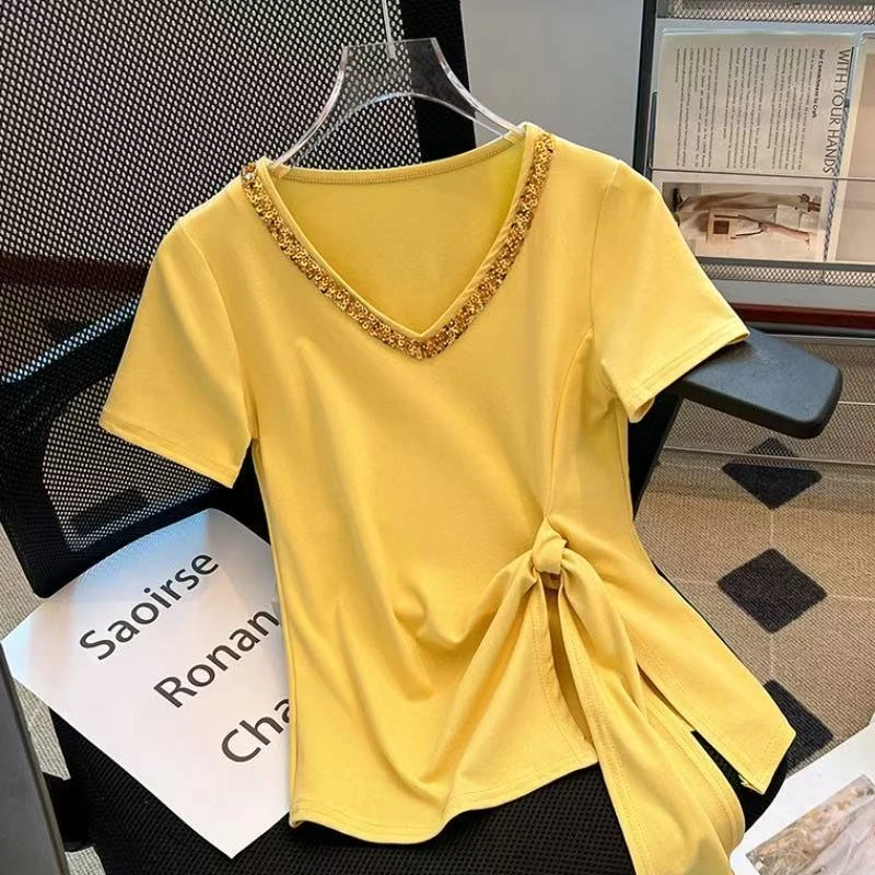 大码亮片短袖v领t恤女夏季2025新款不规则设计感小众收腰显瘦上衣