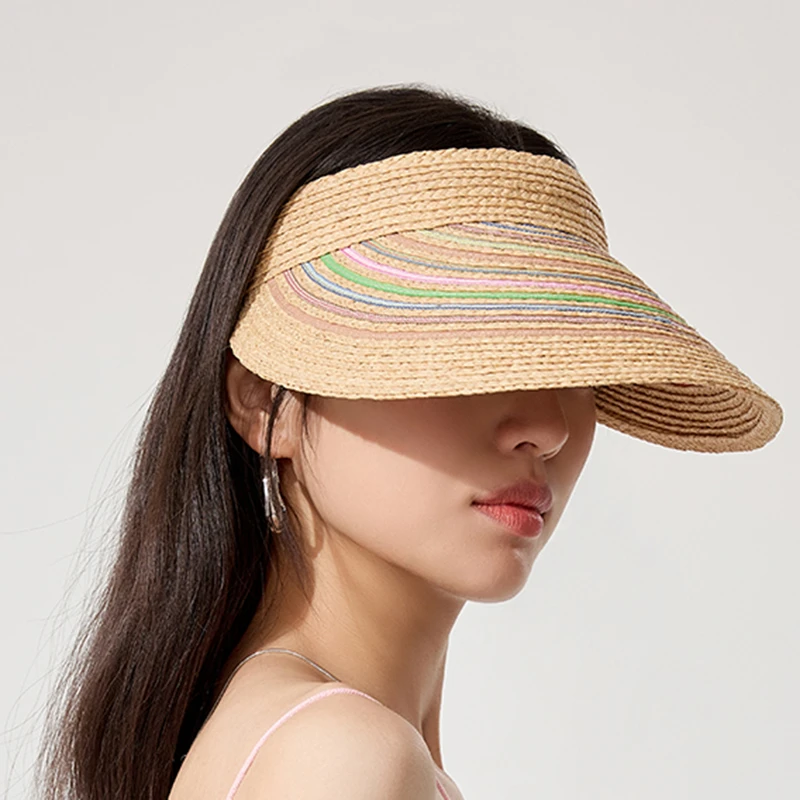 幸运彩虹~彩色高品质拉菲草空顶帽黑彩虹大檐防紫外线防晒草帽