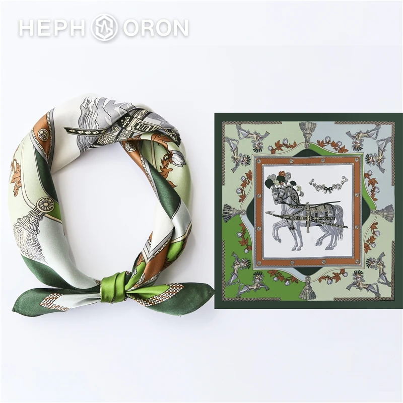 HEPHSORON真丝丝巾绿边马车小方巾系脖高级感桑蚕丝丝巾礼盒装