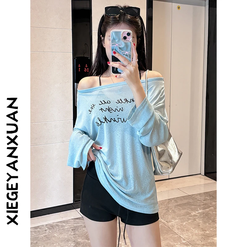 斜肩字母印花宽松长袖T恤女夏季薄款慵懒风露肩罩衫上衣
