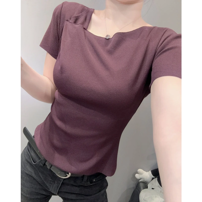 不规则斜领冰丝针织衫短袖女欧货洋气百搭修身显瘦露锁骨上衣夏天