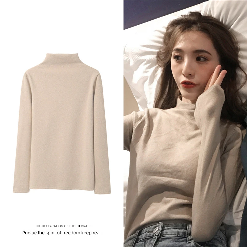 个性大码半高领打底衫秋冬季保暖内搭长袖恤女潮修身显瘦上衣