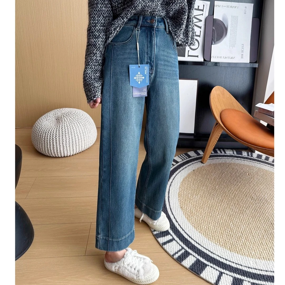 蓝色直筒牛仔裤女秋季大码胖mm梨形身材高腰弹力显瘦九分阔腿裤子