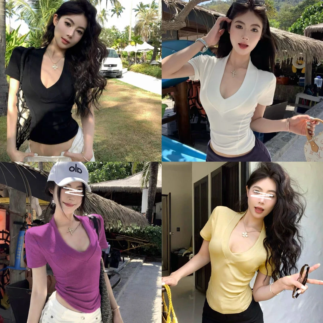 Moses Queen/魔西女王气质正肩夏季大V领T恤修身显瘦百搭简约短袖