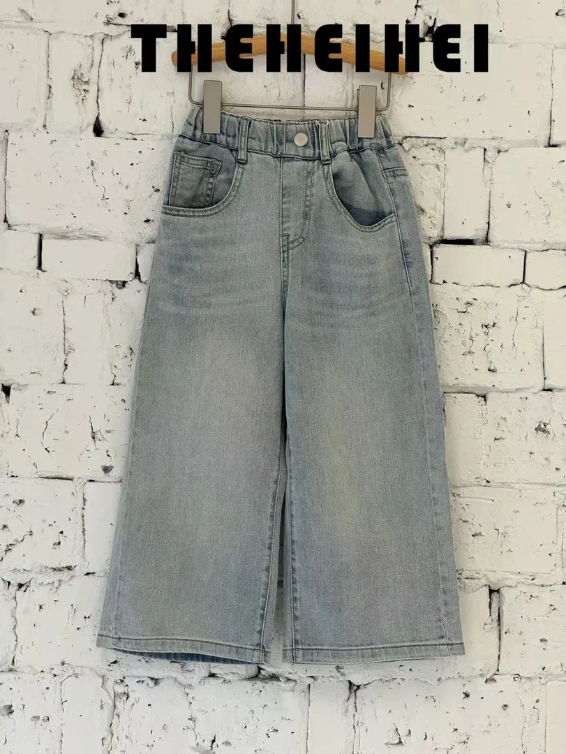 时尚百搭设计师款水洗猫须图案留色牛仔裤夏季中大童 38259