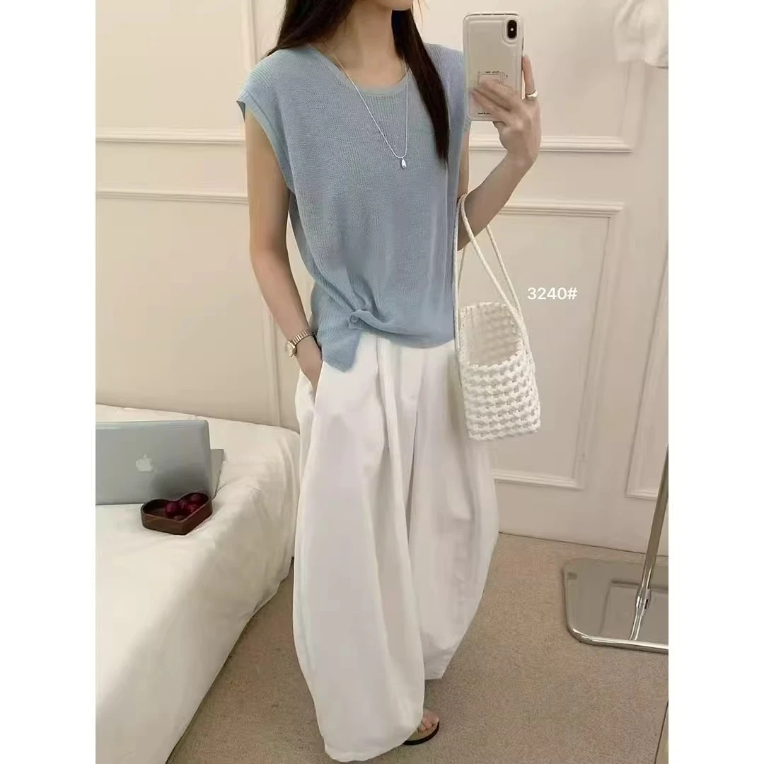 时尚气质宽松显瘦飞飞袖上衣夏日新款休闲简约圆领薄款外穿针织衫