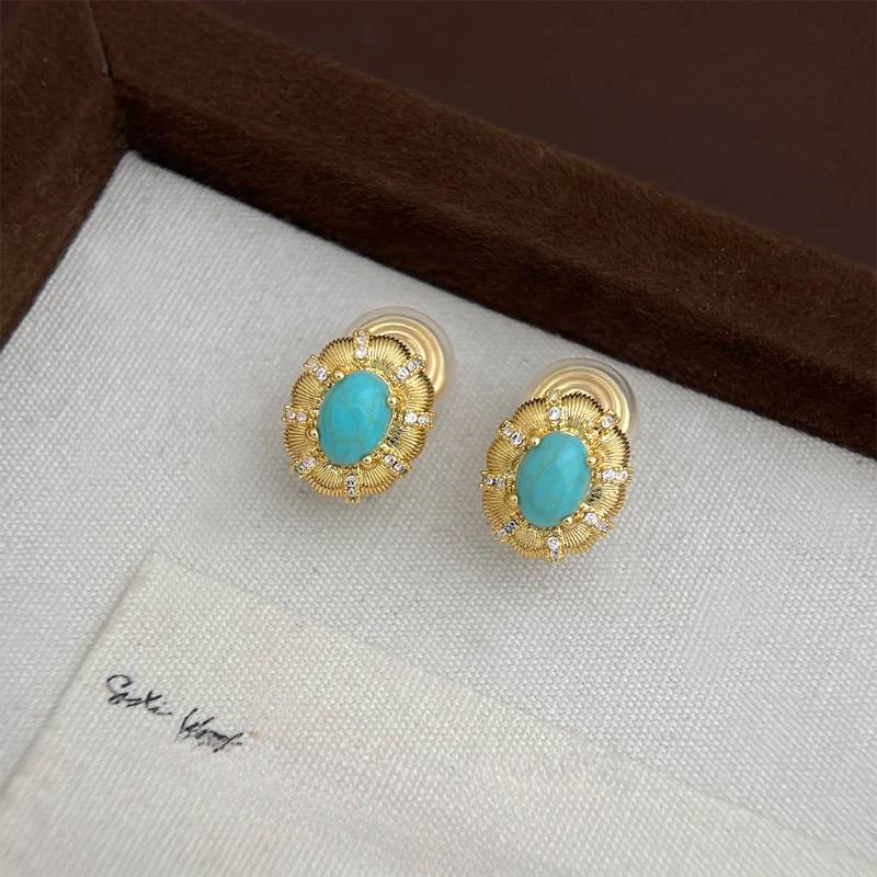 铜合金耳饰 中式复古绿松花朵蚊香盘耳夹微镶锆石无耳洞耳饰镶嵌