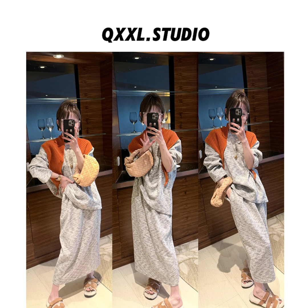 邱小小丽呀 秋季新款编织套头卫衣套装女圆领上衣+半身裙两件套