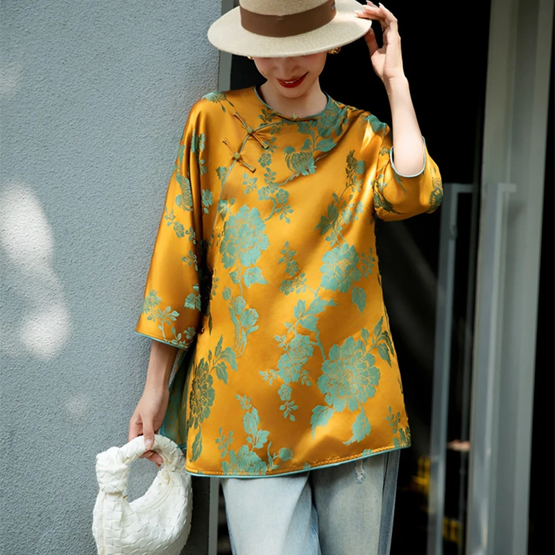 新中式国风老缎人丝提花衬衫女复古高级感盘扣斜门襟时尚减龄上衣