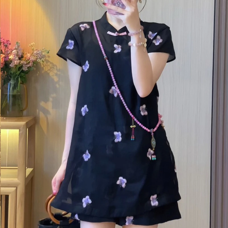 2025夏季新中式国风提花刺绣套装女士立领短袖上衣阔腿短裤两件套