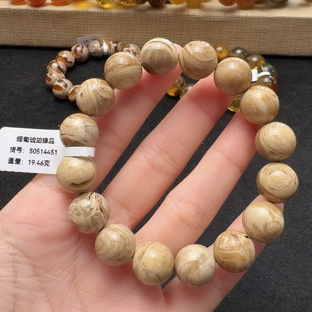 琥珀未镶嵌珠宝奇石13mm白花根单圈