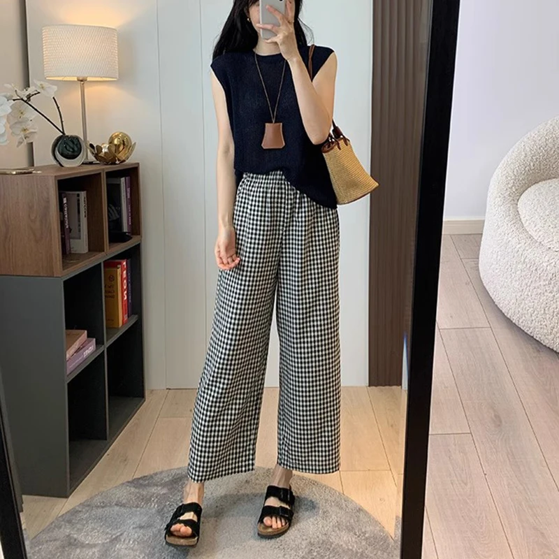 小格子裤大码胖mm宽松显瘦休闲裤女2025夏季薄款小个子松紧腰裤子