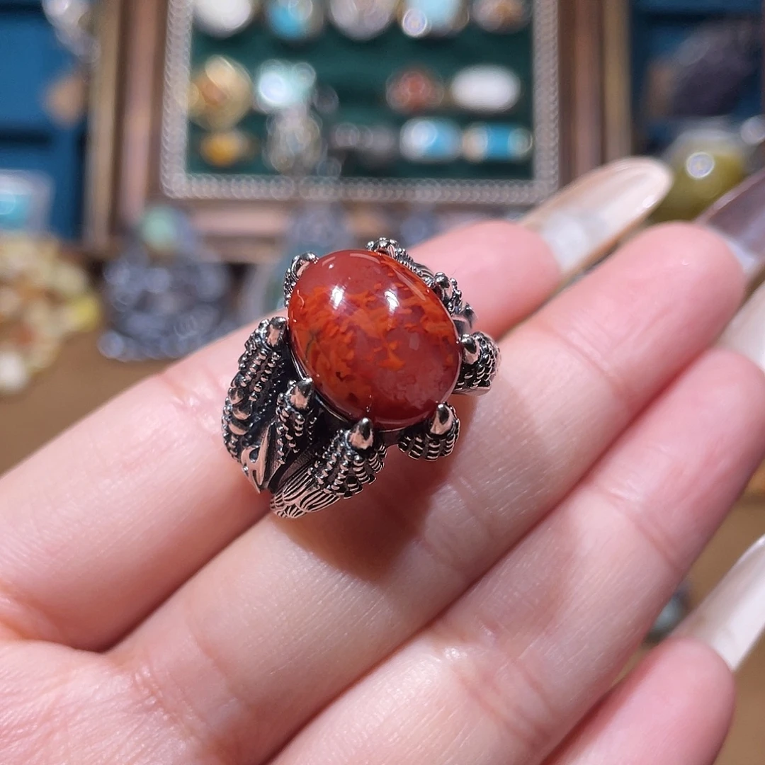 南红玛瑙银S925镶嵌戒指戒指