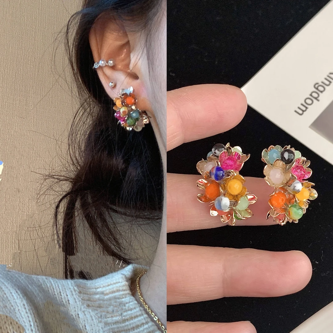 无耳洞「多瑙河花朵」彩虹小石头ins风耳针不同彩色高级感三角夹