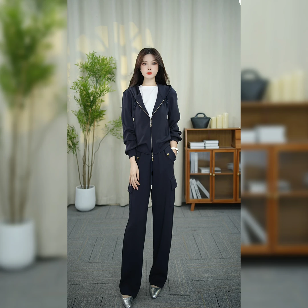 【月影女装】WT166秋季新款两件套洋气减龄拉链连帽休闲时尚套装裤