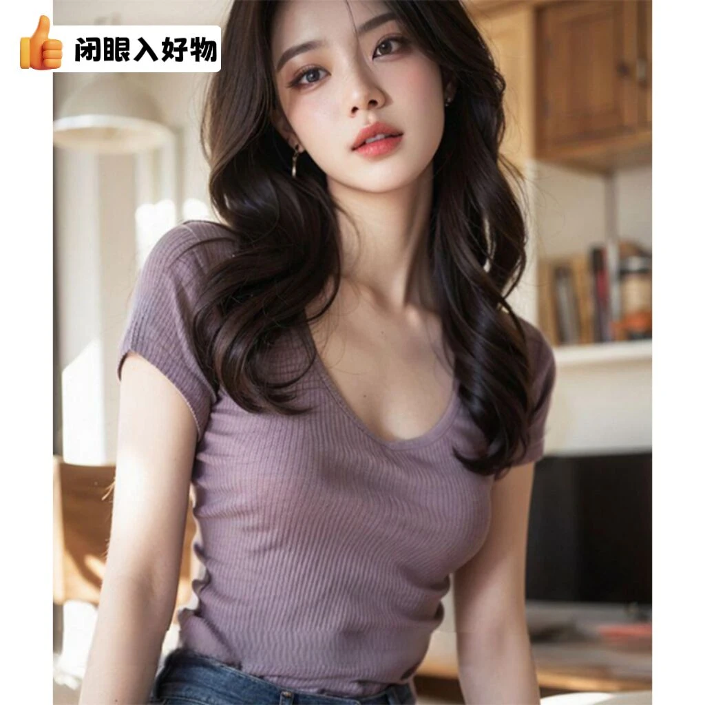 微胖女士短袖t恤女装紫色V领小众短袖T恤夏季新款独特绝美上衣潮