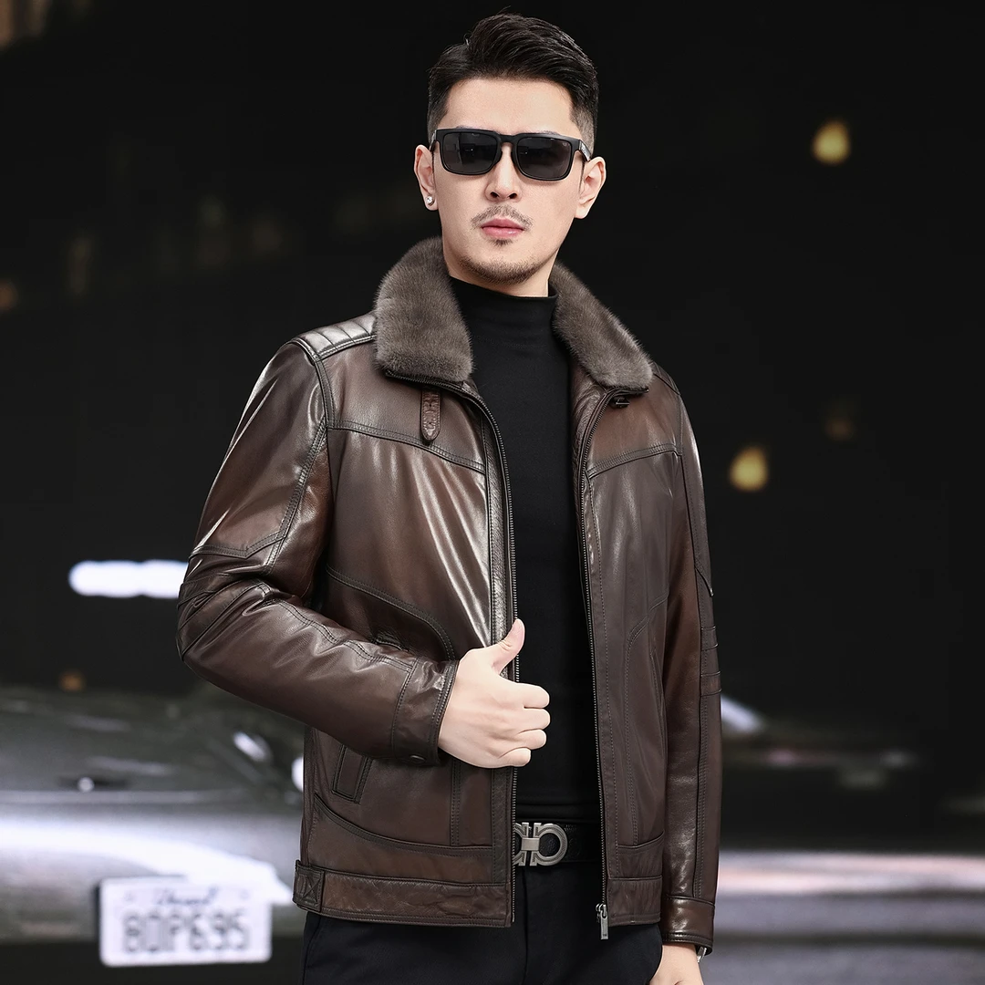 高档男士头层山羊皮真皮皮衣男士可拆羽绒内胆冬季加绒皮夹克外套