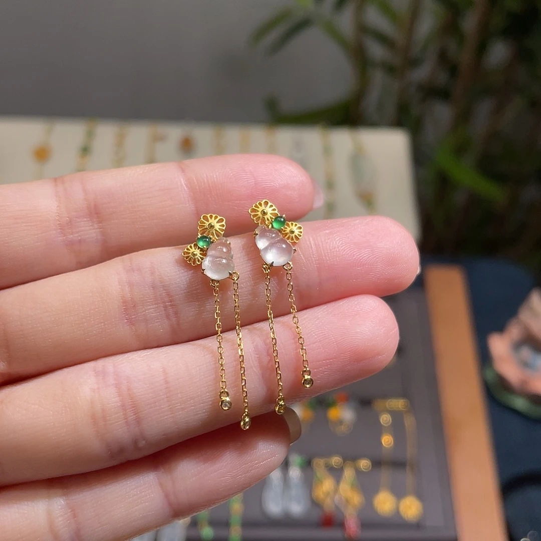 翡翠耳饰18K金镶嵌流苏葫芦