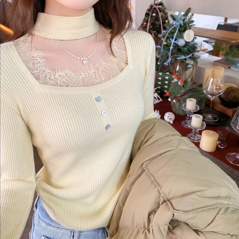 挂脖蕾丝边打底衫女内搭2025秋冬新款设计感毛衣修身洋气针织上衣
