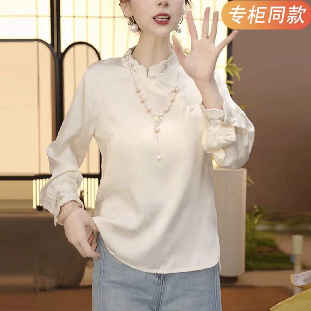 新中式秋季长袖秋冬长袖对襟常规款翻领中年衬衫精致韩风常规