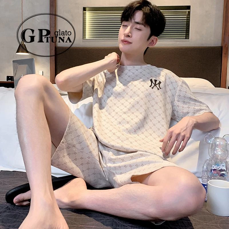 维多利亚日本GP莫代尔男士睡衣夏季短袖短裤简约圆领青少年男款家