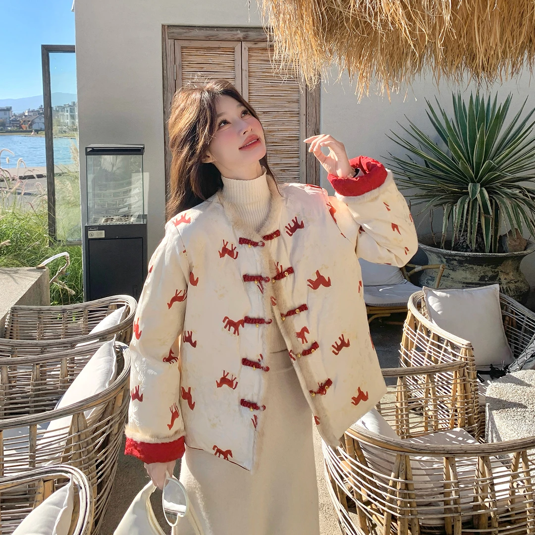 马年战袍新中式国风两面穿羽绒服女冬洋气印花水貂毛拼接盘扣外套