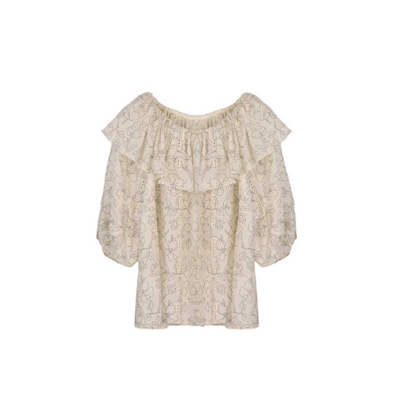 【小魏】夏季上衣女镂空荷叶边一字肩露肩上衣25C1925