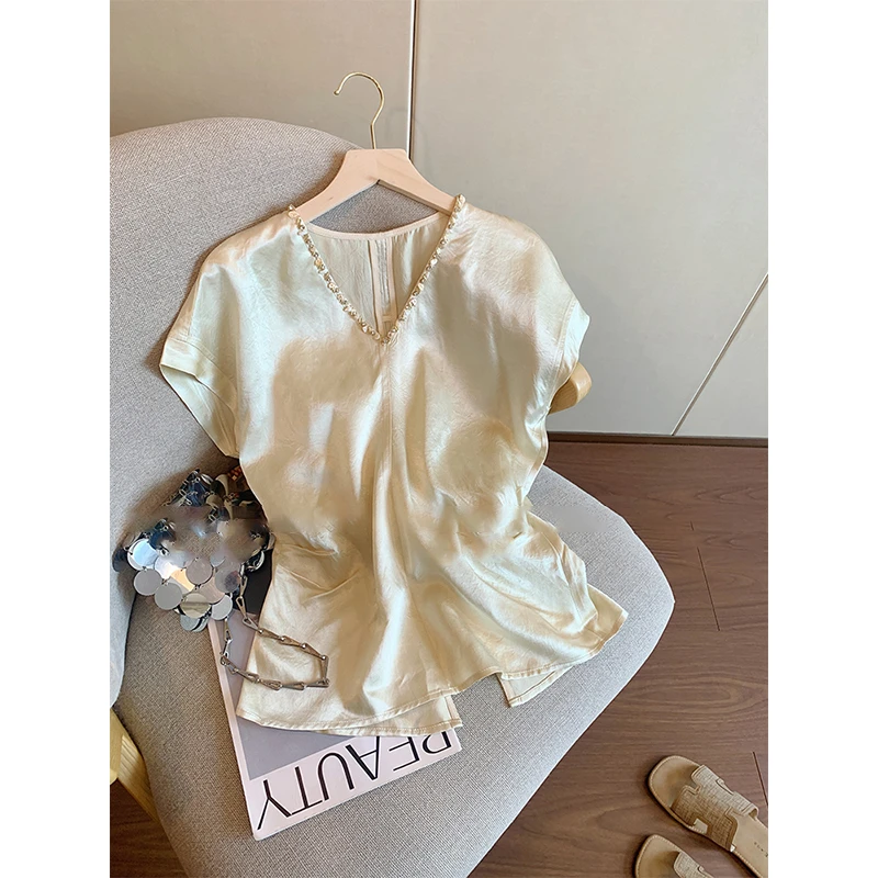 法式V领钉珠收腰缎面短袖衬衫女夏高级感气质百搭显瘦醋酸上衣