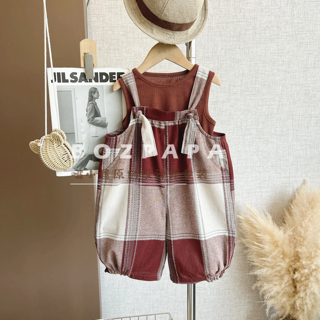 现货设计师【玫瑰棋盘】2025夏季男童韩系休闲红棕色方格背带裤套装