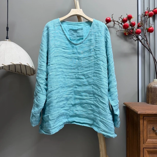 1816亚麻双层鸡心领糖果色大版小衫（衣长69胸围136）