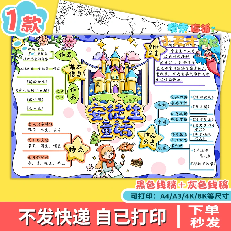 安徒生童话故事思维导图手抄报三年级阅读小报线稿读书卡f605