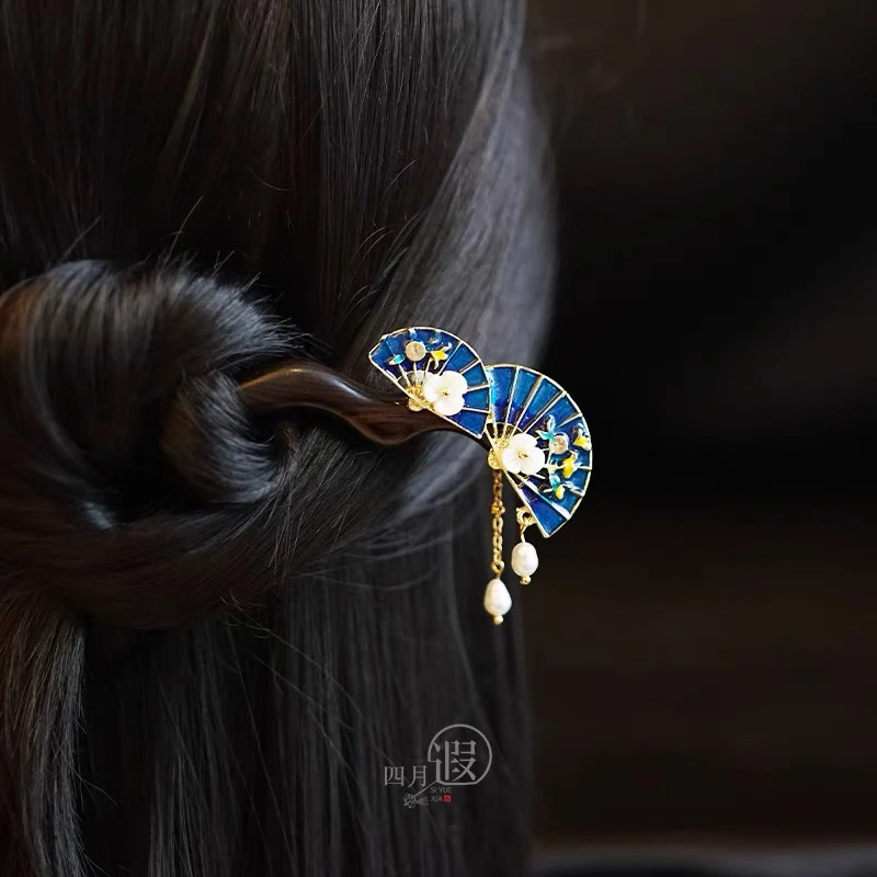 四月遐原创 双扇子发簪白贝花朵黑檀木国风复古茶服旗袍