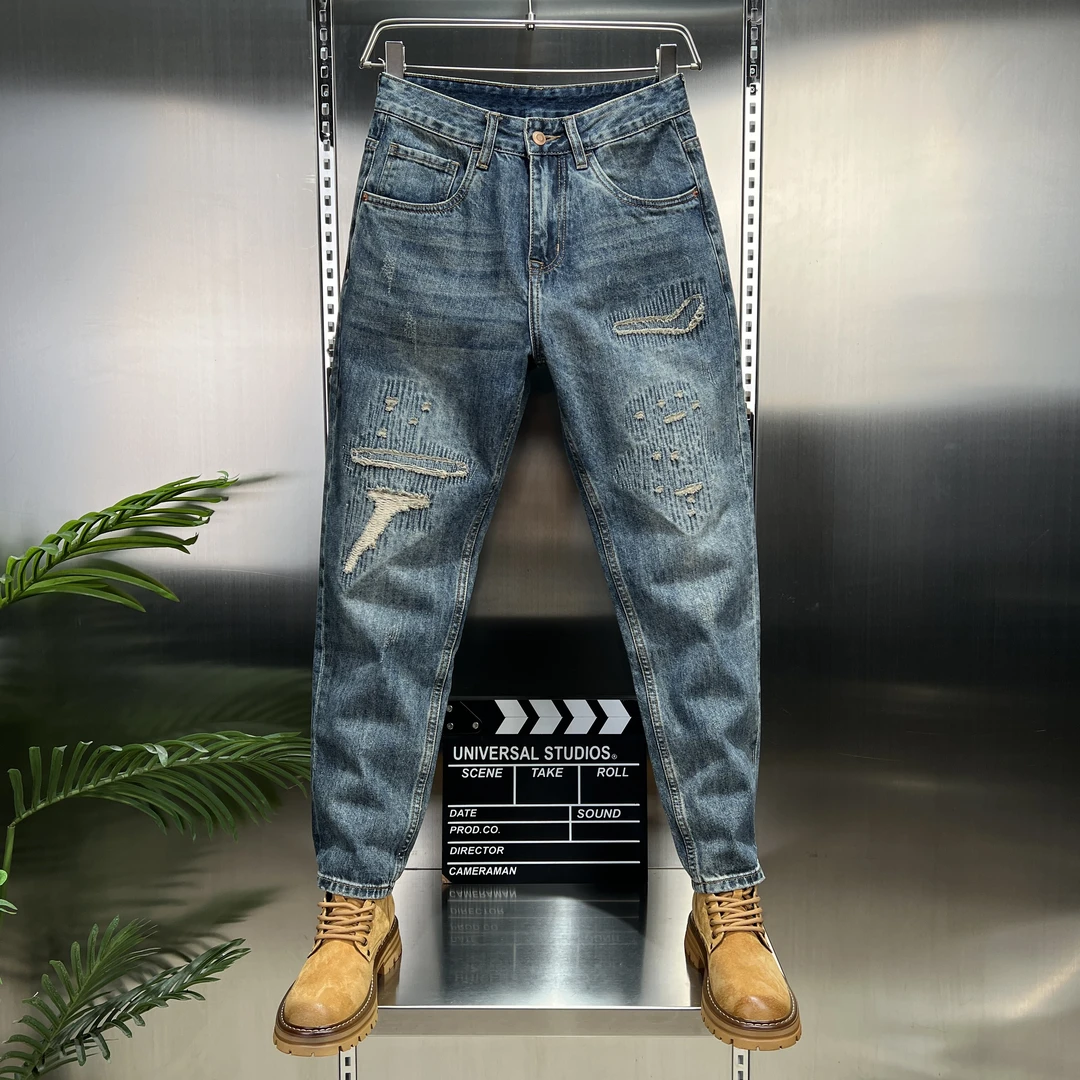 【高端】秋季男刺绣破洞低腰拉链刮烂水洗牛仔裤韩版直筒休闲复古风