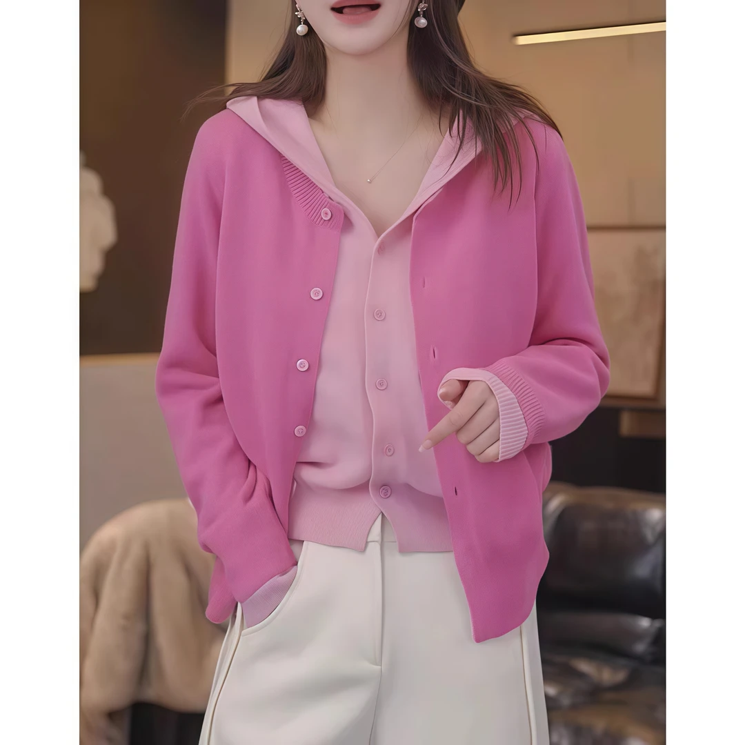 连帽撞色假两件毛衣女早春新款洋气减龄时尚毛衣开衫ins叠穿打底