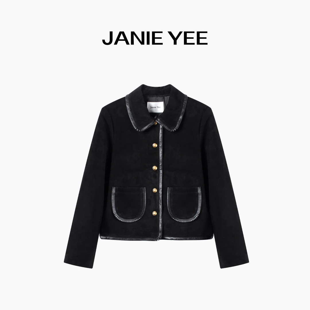 Janie Yee”智秀“进口羊皮流苏翻领短款绒面厚皮衣外套女 25A3201