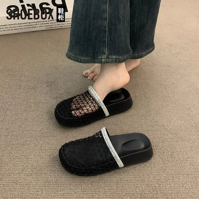 达芙妮集团旗下绝美厚底渔网鞋女夏外穿2025新款编织镂空包头半拖