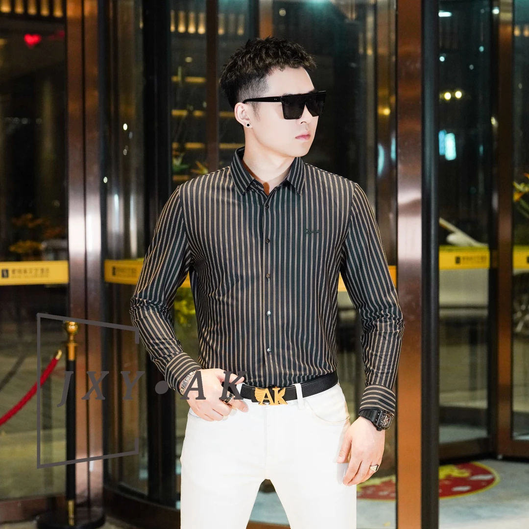 AK/2025秋季新款男士翻领长袖条纹衬衫修身时尚百搭商务衬衣男装