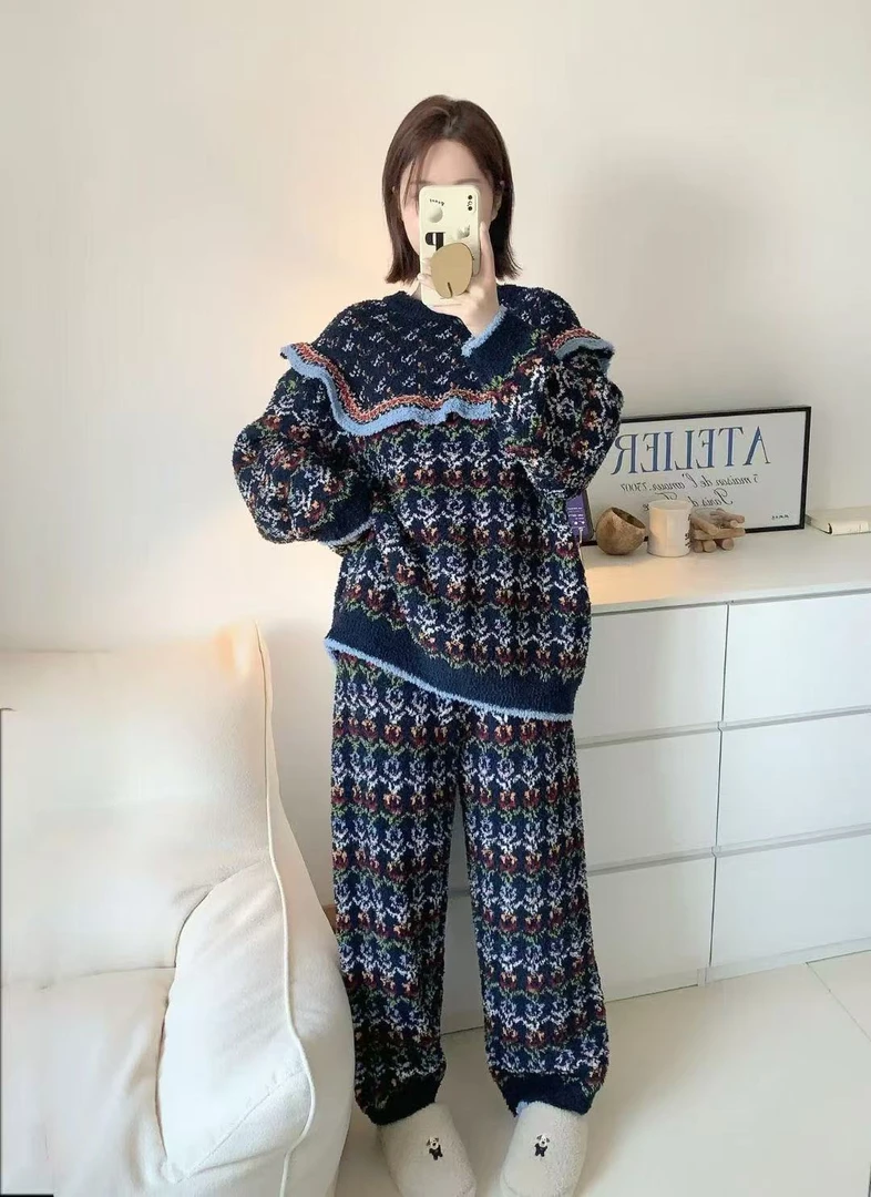 法式复古半边绒睡衣女秋冬加厚圆领绵绵家居服套装可外穿