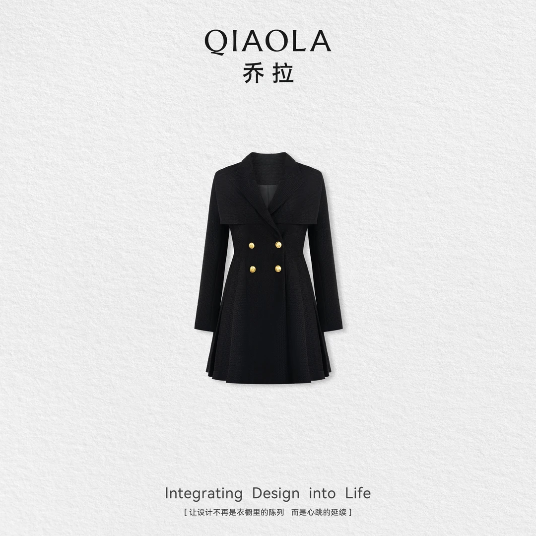 QIAOLA/乔拉【佩枪朱丽叶】秋冬时尚双排扣显瘦百搭高级连衣裙
