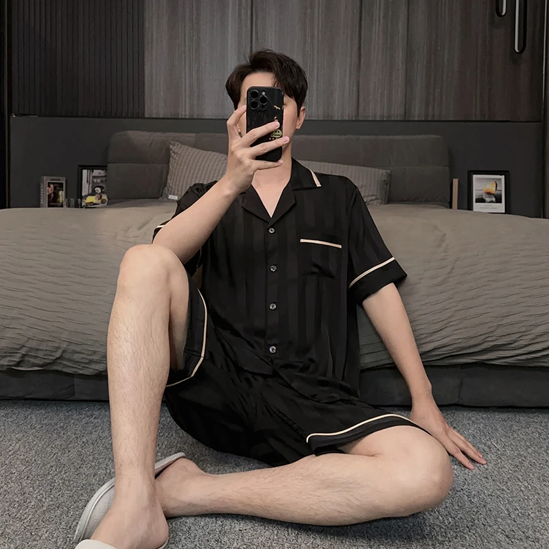 高端男士冰丝睡衣夏季薄款短袖短裤新款可外穿凉感家居服夏款套装