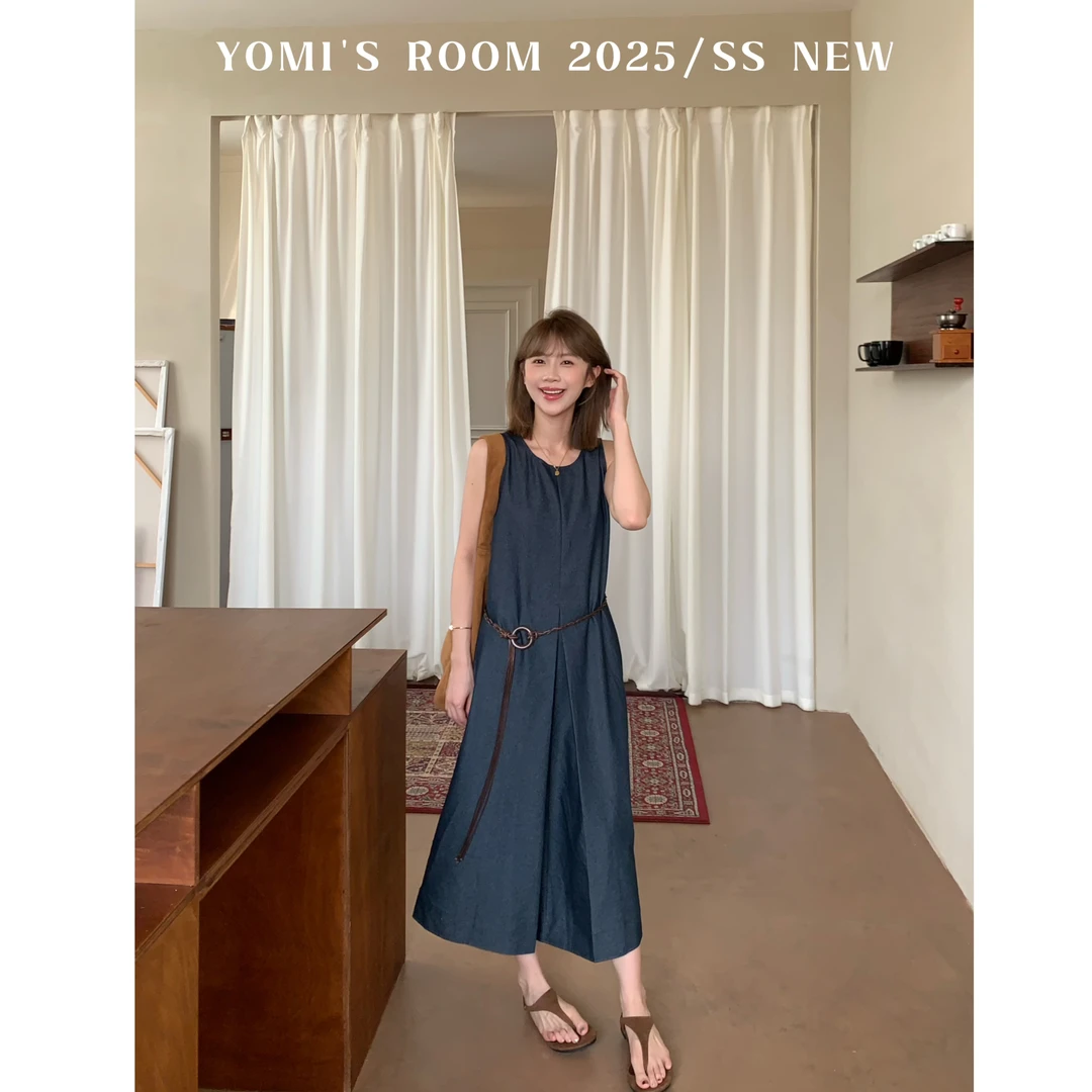 YOMI小个子【纽约新刊】蓝色A字裙气质收腰裙子夏季显瘦显白连衣裙