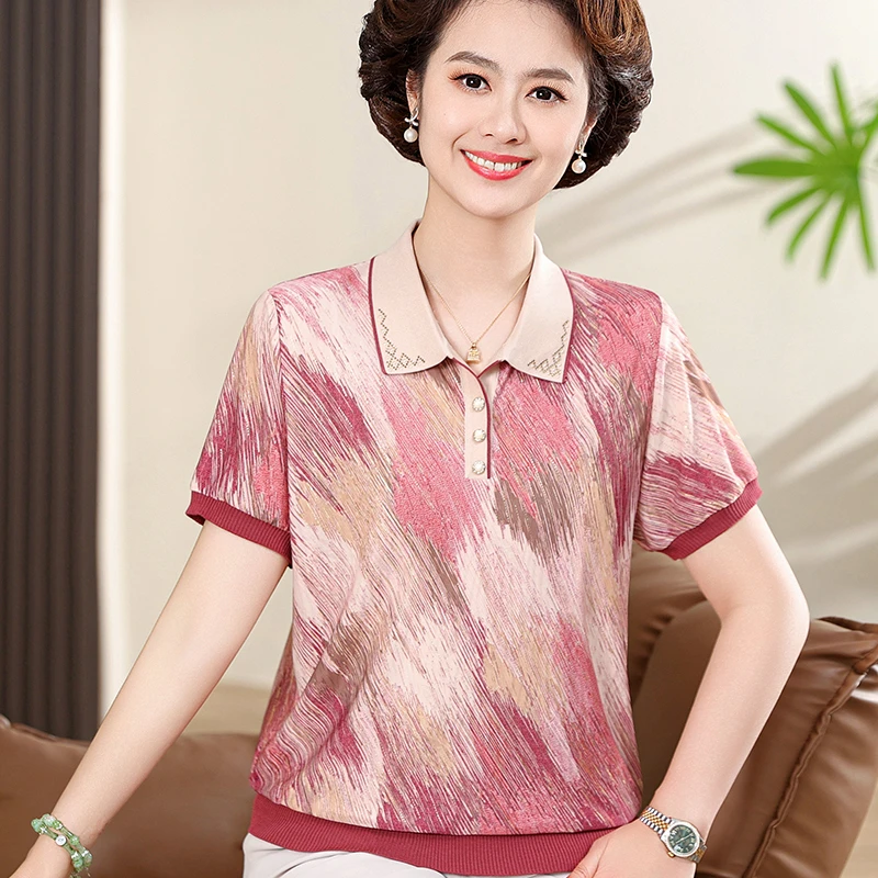 2025夏季新款时尚中老年女妈妈装冰丝T恤洋气上衣女短袖薄款小衫